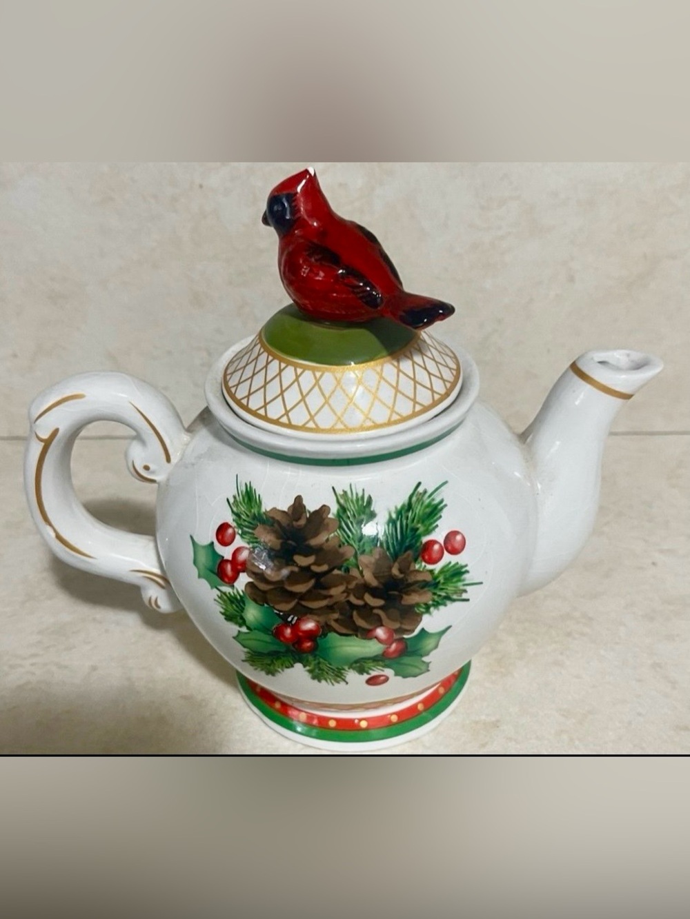 Holiday Pinecone & Cardinal Ceramic Teapot - Red Cardinal Accent
